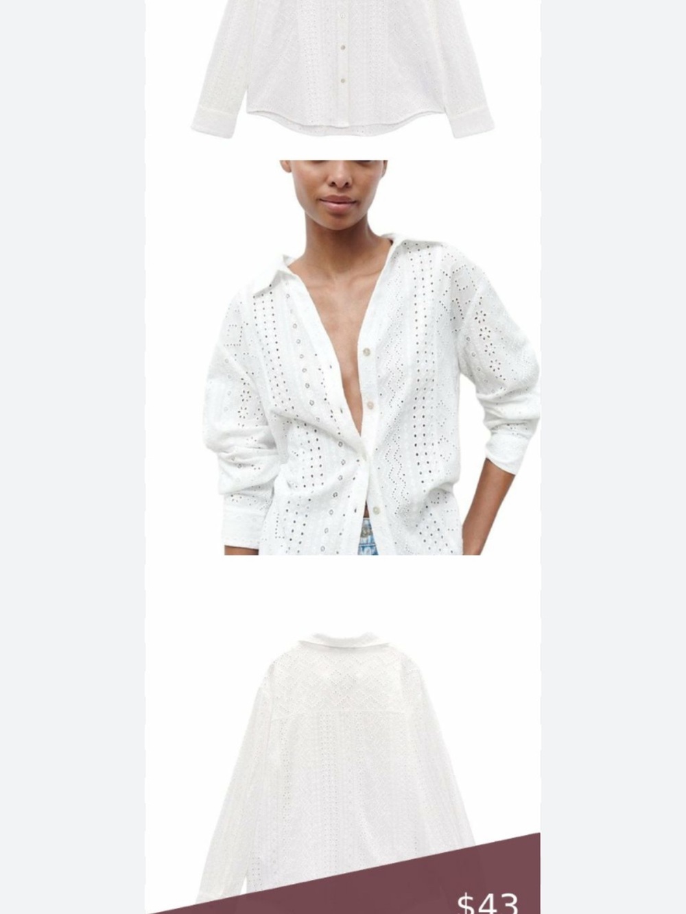 Zara White Eyelet Puff-Sleeve Button-Down Shirt